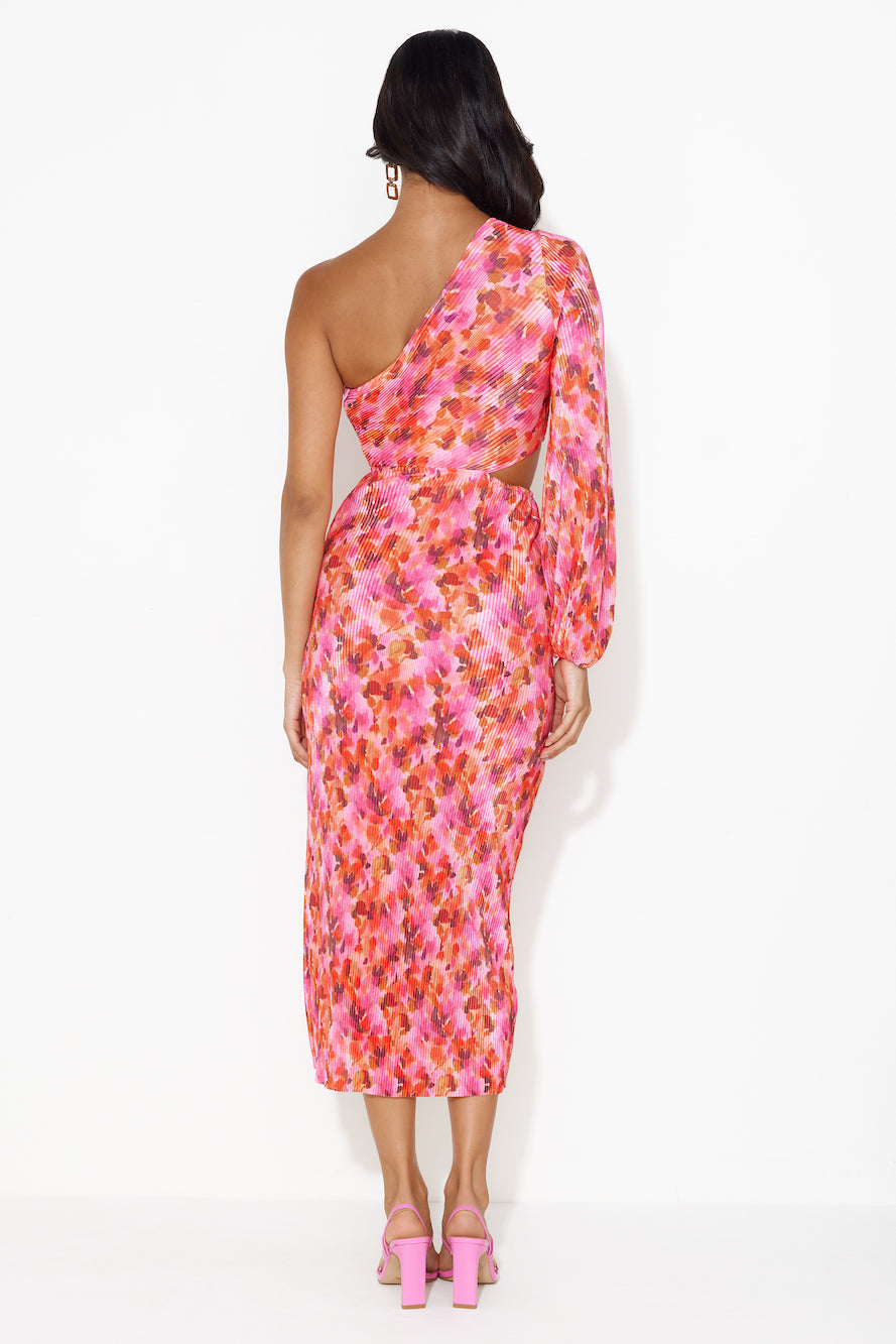 Star Show One Shoulder Plisse Midi Dress Pink