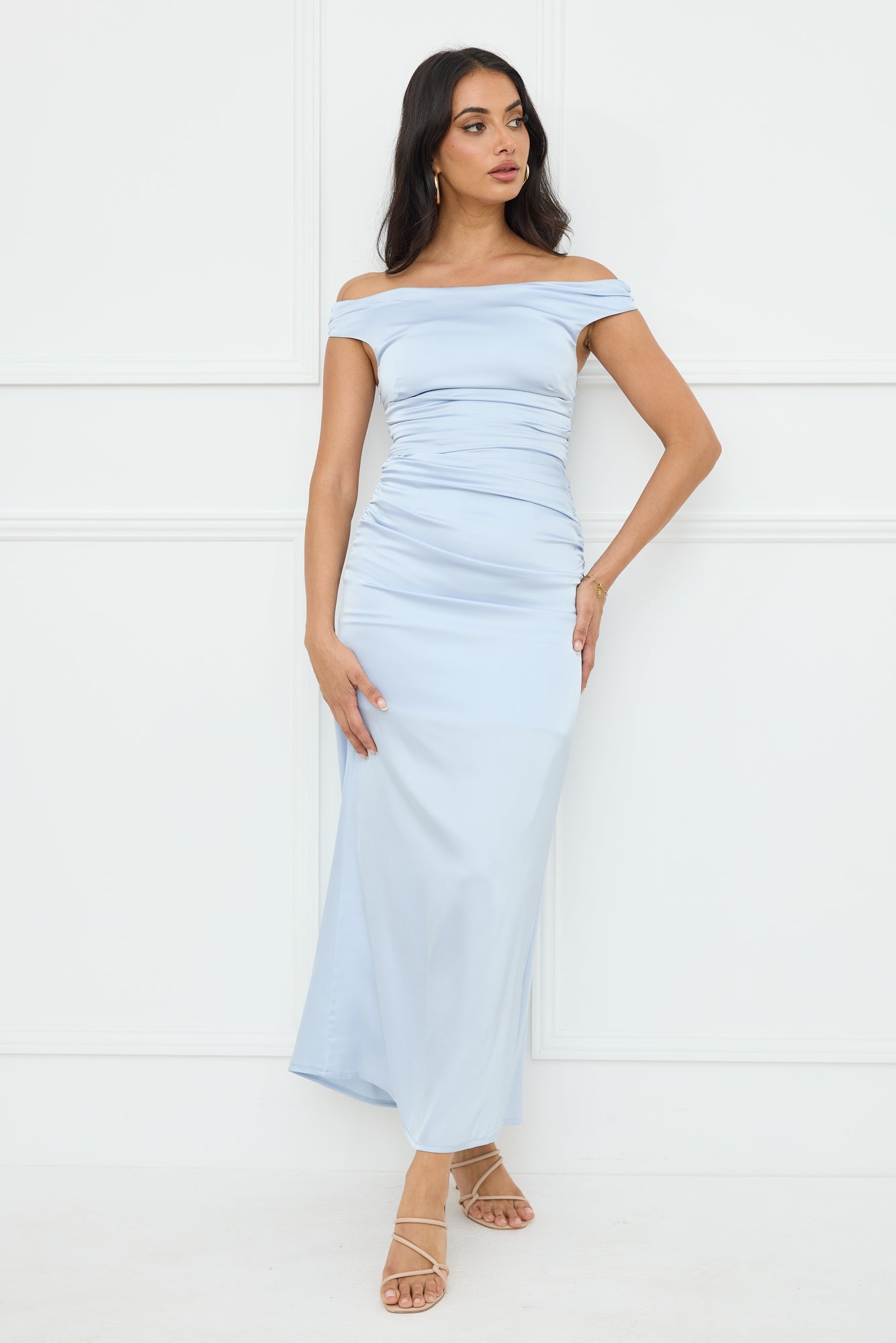 Polished Radiance Off Shoulder Satin Maxi Dress Blue