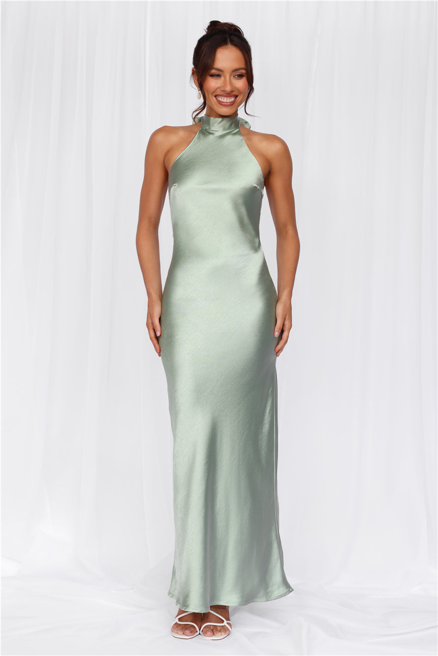 The Cleo Halter Satin Maxi Dress Sage