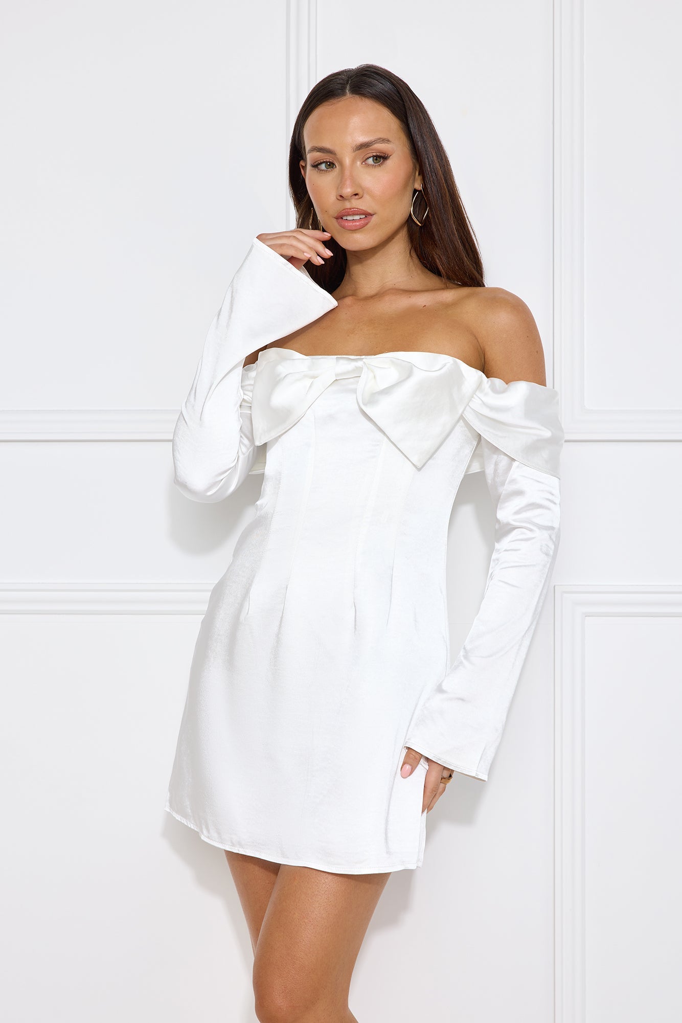 Delicacy Bow Satin Off Shoulder Mini Dress White