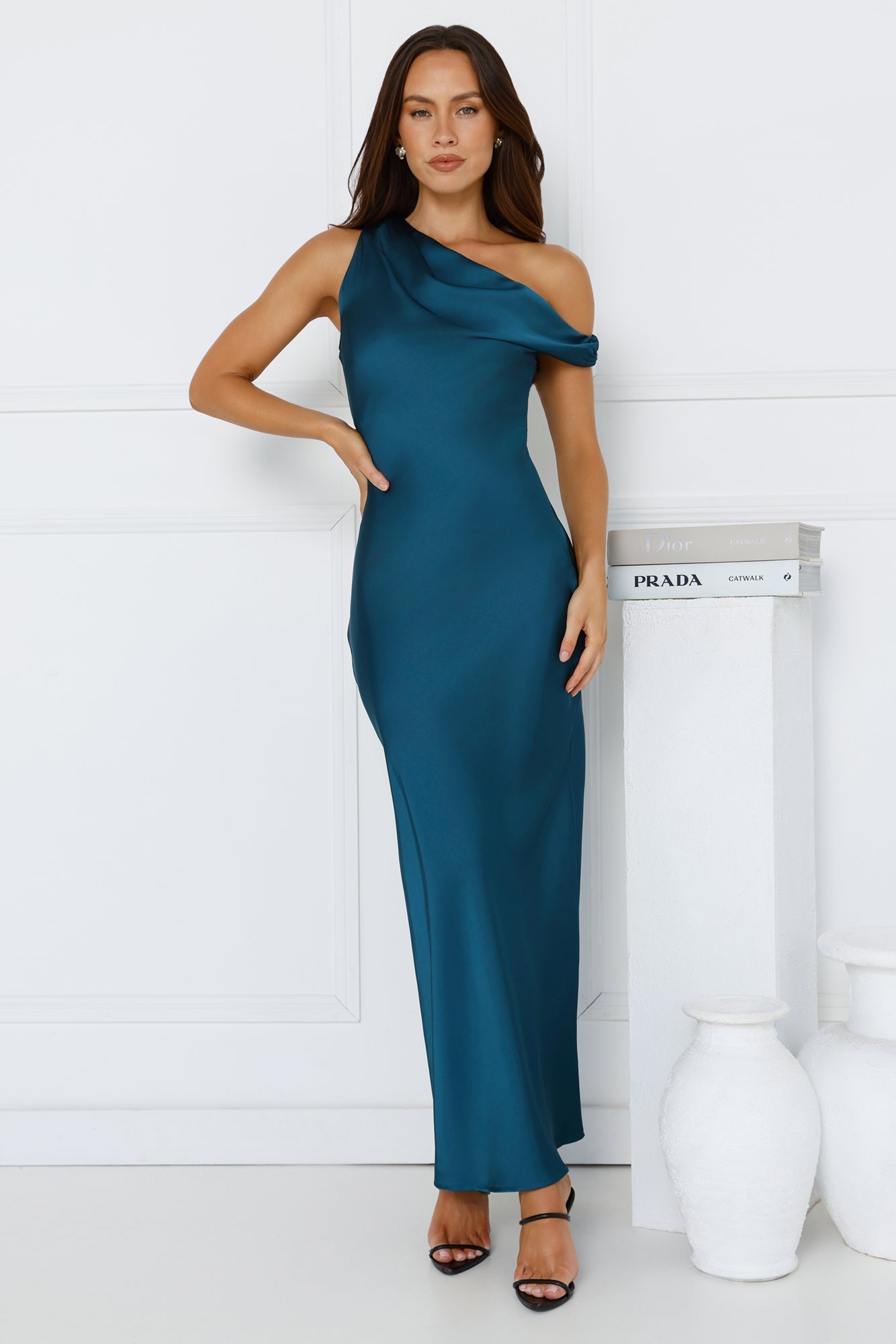 Limitless Girl Satin Off Shoulder Maxi Dress Teal