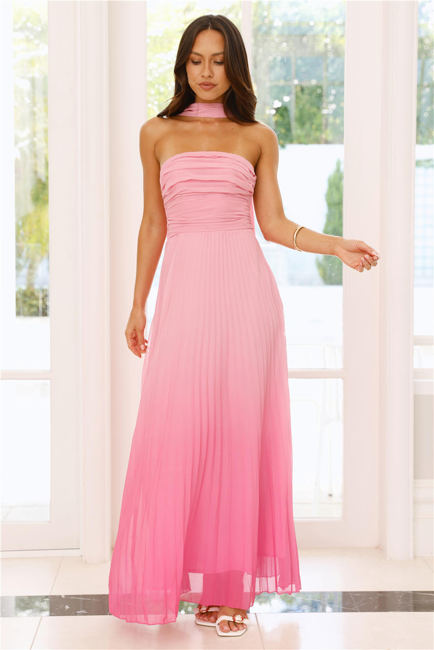 Love Loft Strapless Pleated Maxi Dress Pink