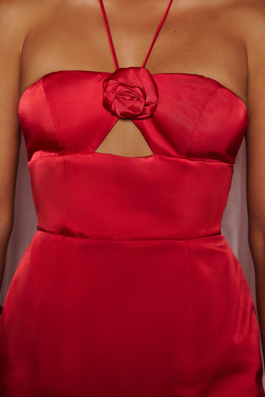 Admired With Roses Halter Satin Mini Dress Red