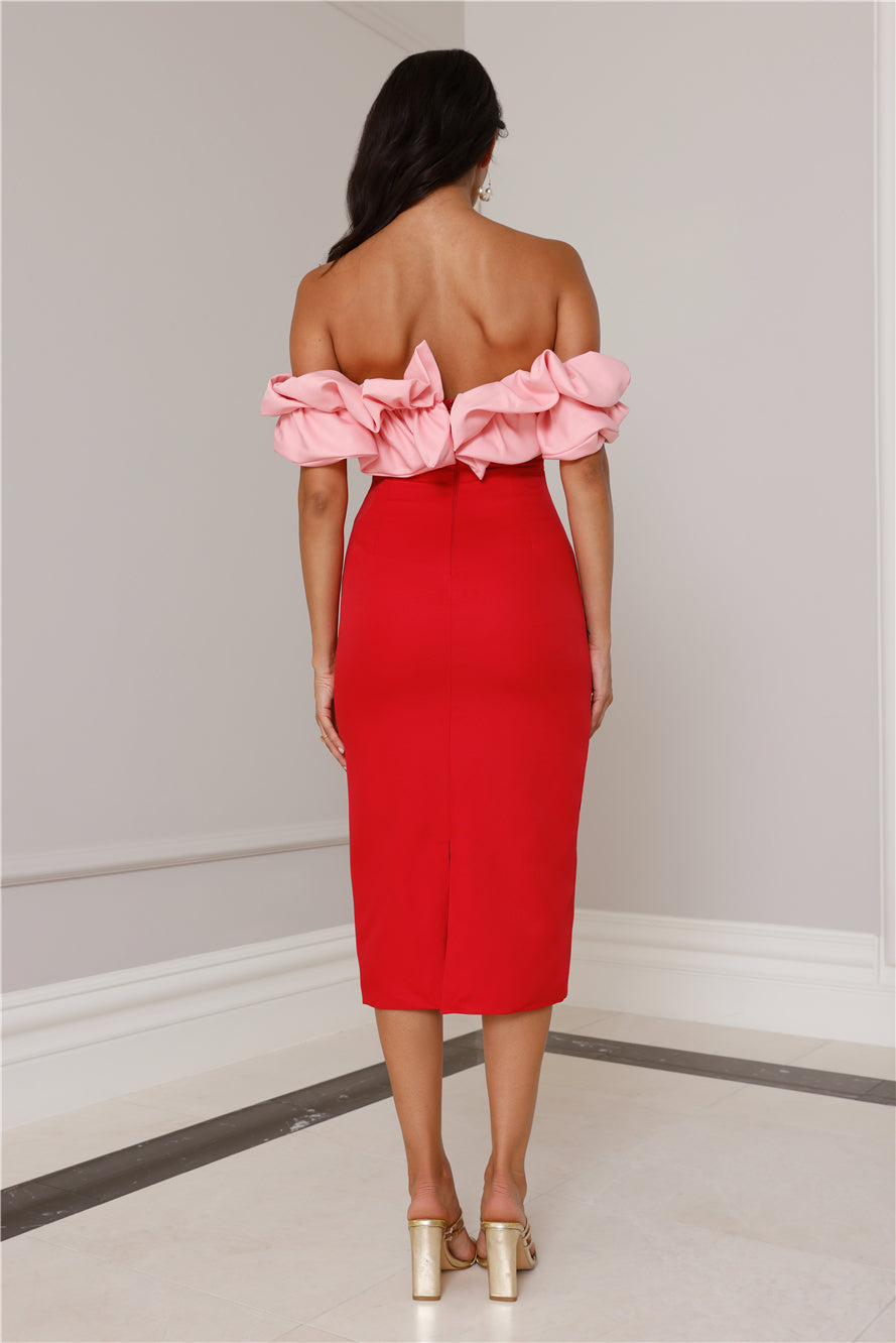 Kinsey Off Shoulder Frill Midi Dress Red
