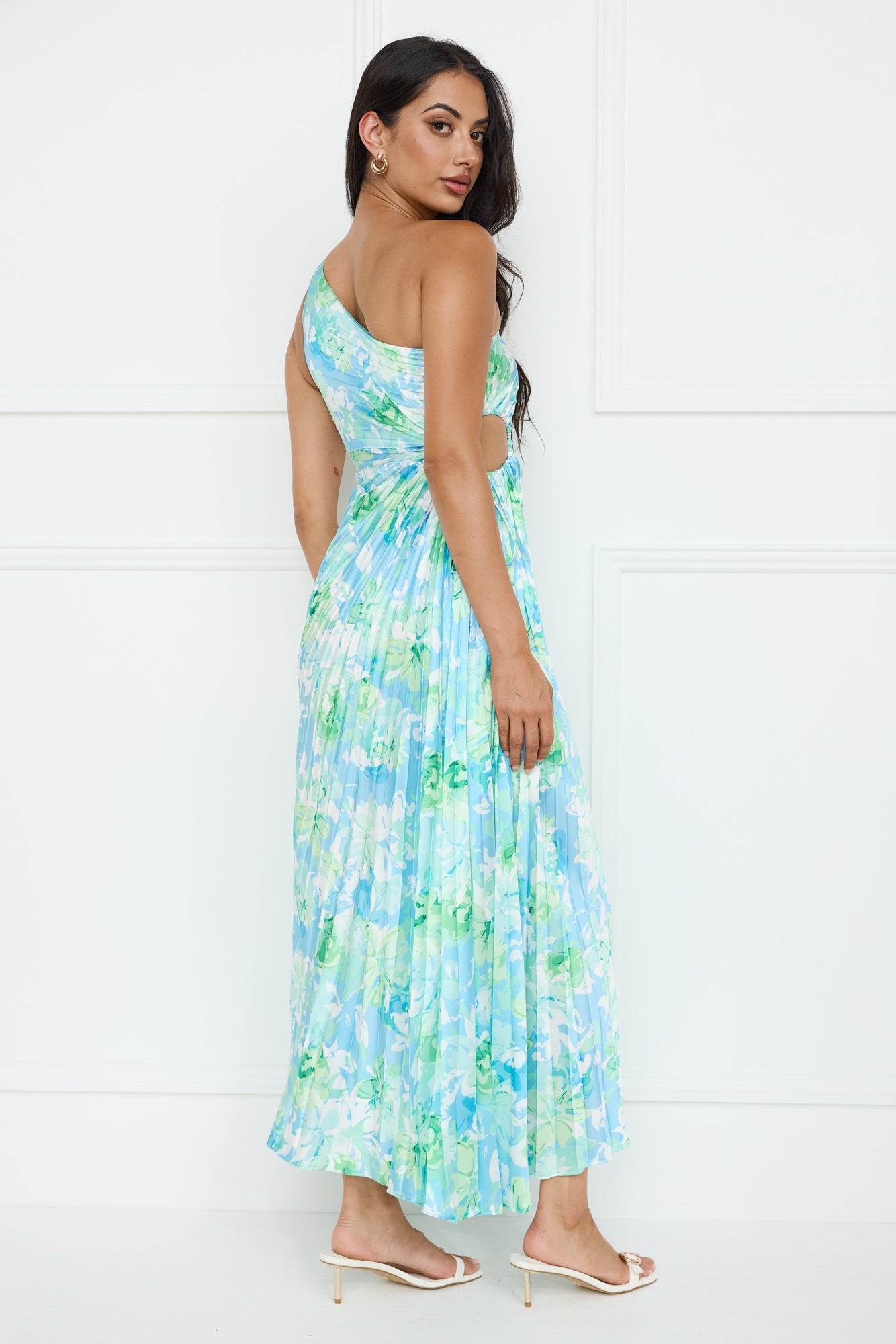 Emerald Ice One Shoulder Satin Pleated Maxi Dress Blue