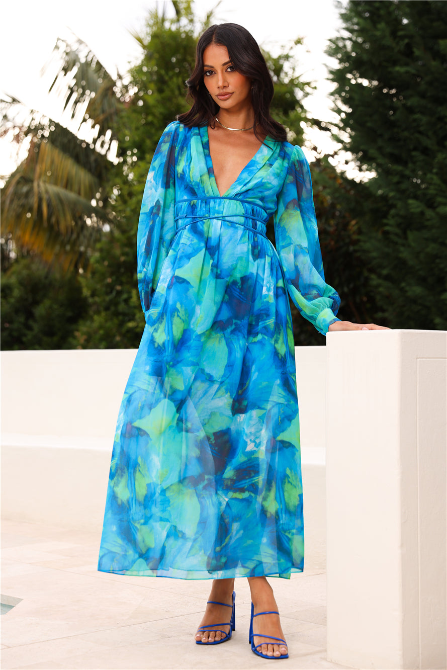 Spring Waterfall Long Sleeve Maxi Dress Blue