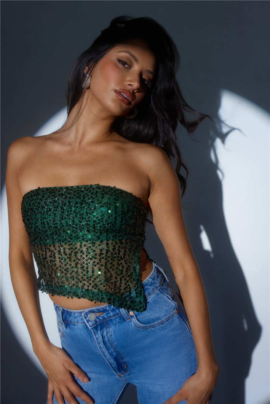 She Is The Party Strapless Sequin Crop Top Teal