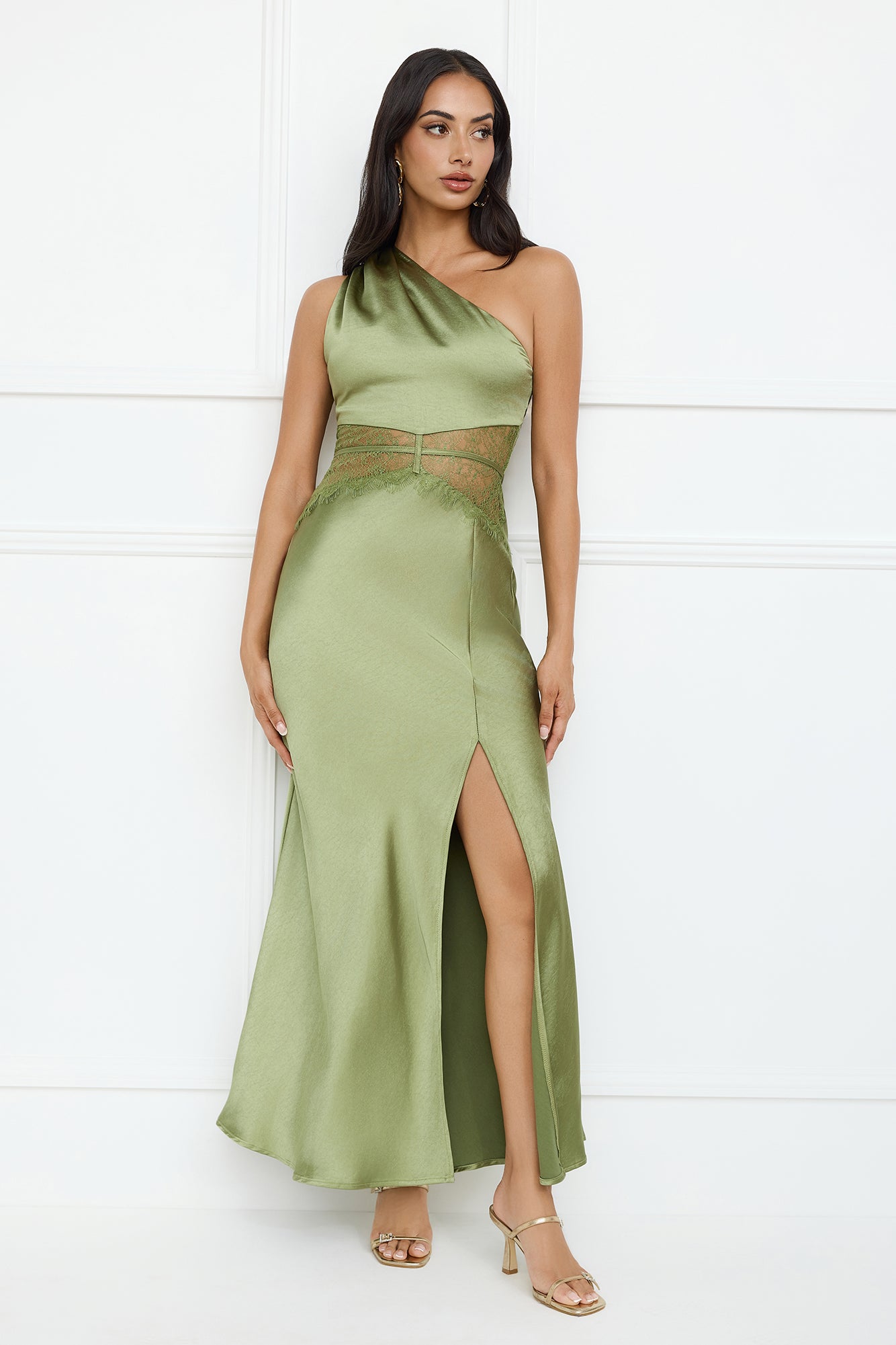 Show You Love One Shoulder Satin Maxi Dress Green