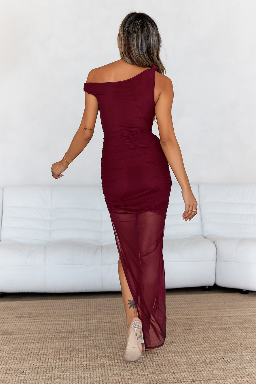 Party Style Mesh Off Shoulder Midi Dress Wine