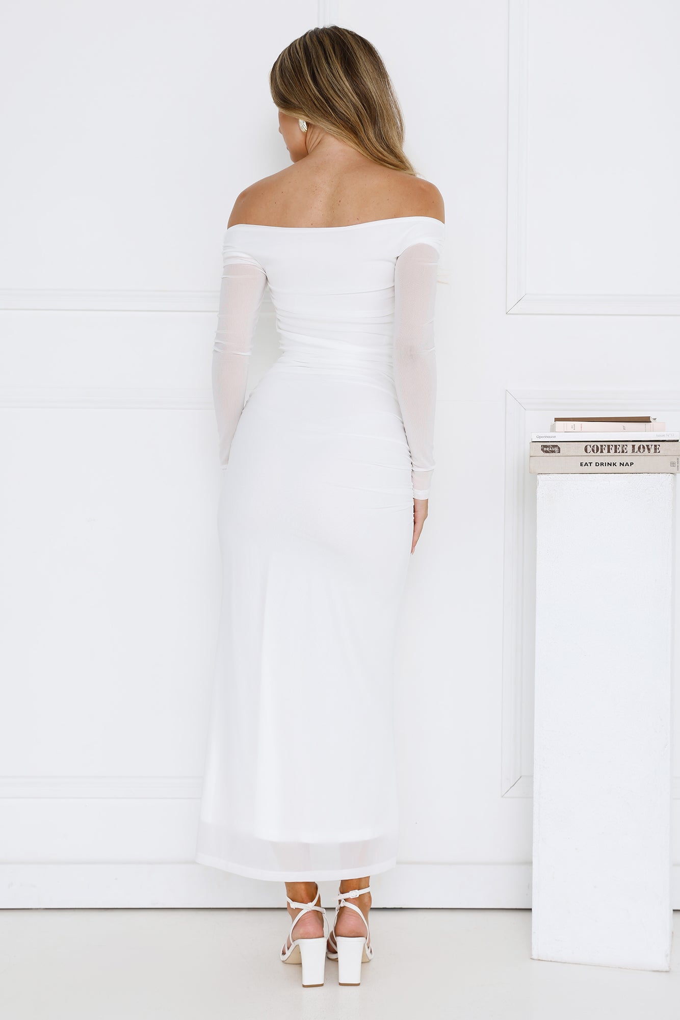 Curve Embrace Off Shoulder Mesh Maxi Dress White
