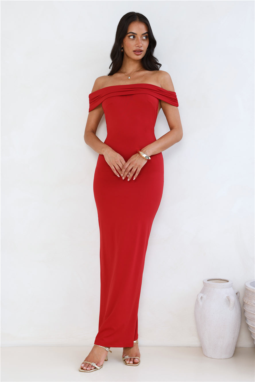 Soft Whispers Off Shoulder Maxi Dress Red