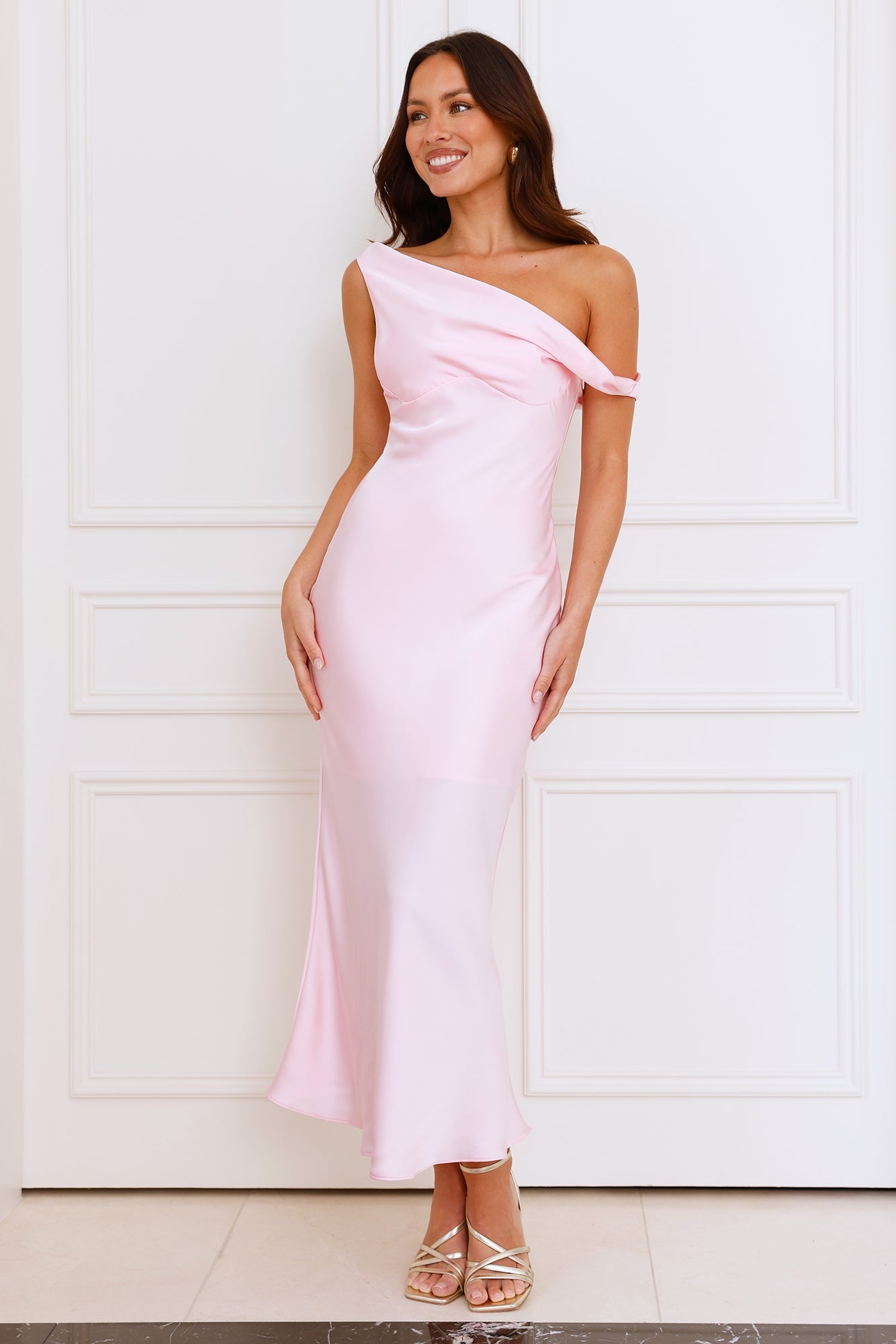 Stylish Season Off Shoulder Satin Midi Dress Light Pink
