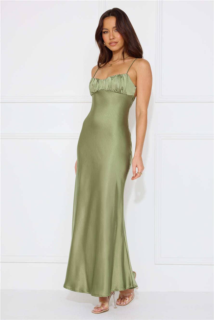 Silk Shimmers Satin Maxi Dress Olive