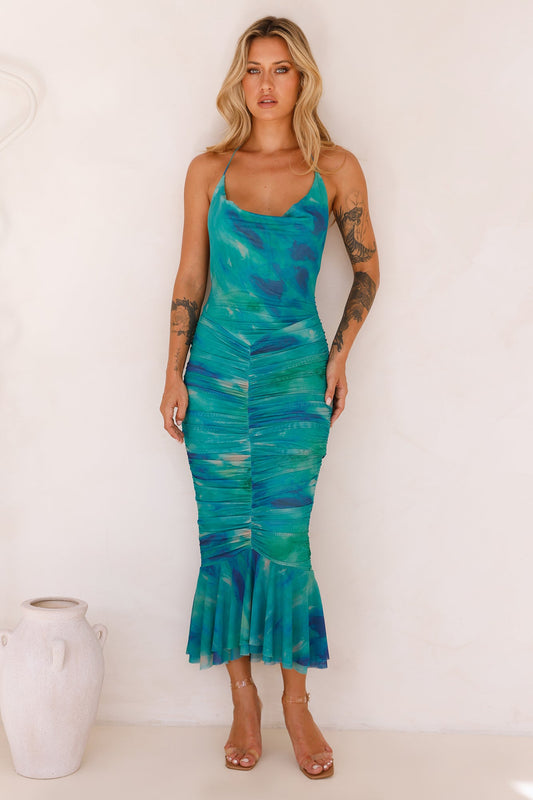 Magic Energy Mesh Halter Midi Dress Green