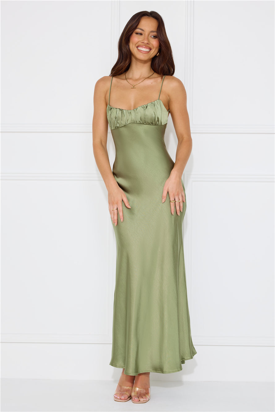 Silk Shimmers Satin Maxi Dress Olive