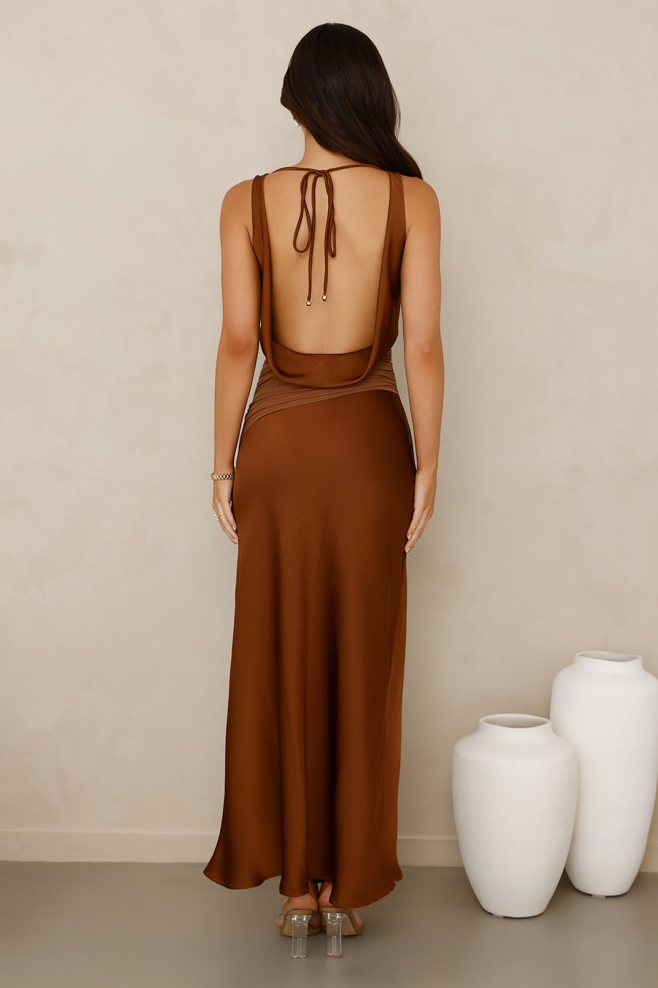 Celestial Spark Satin Maxi Dress Brown