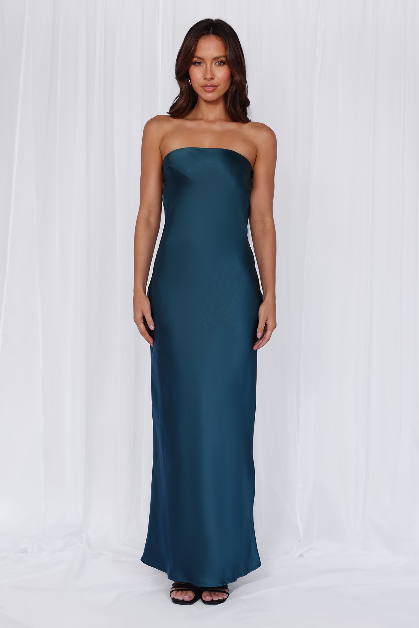 The Felicity Strapless Satin Maxi Dress Teal