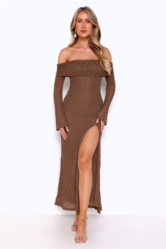 Rich Thoughts Off Shoulder Maxi Dress Chocolate