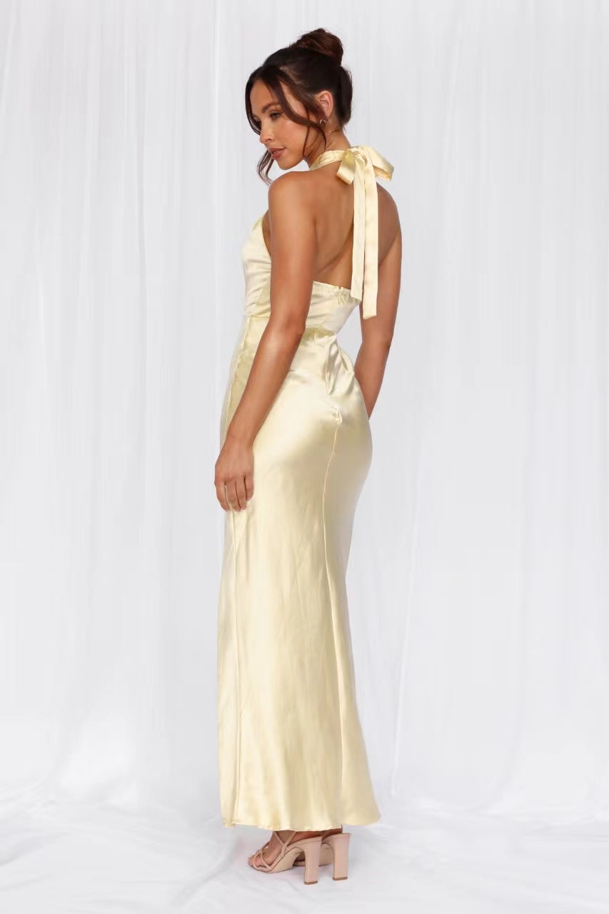The Adeline Halter Satin Maxi Dress Yellow