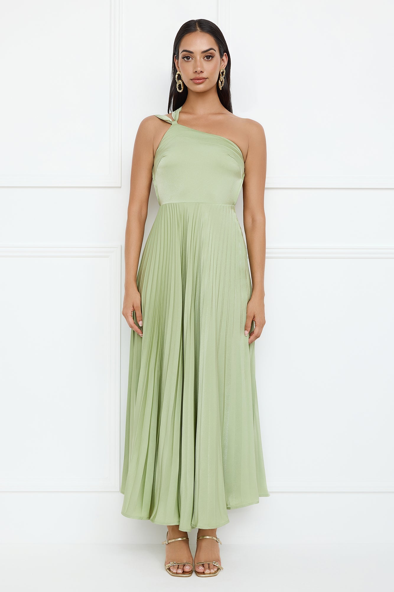 Ros�� Reverie One Shoulder Satin Maxi Dress Sage