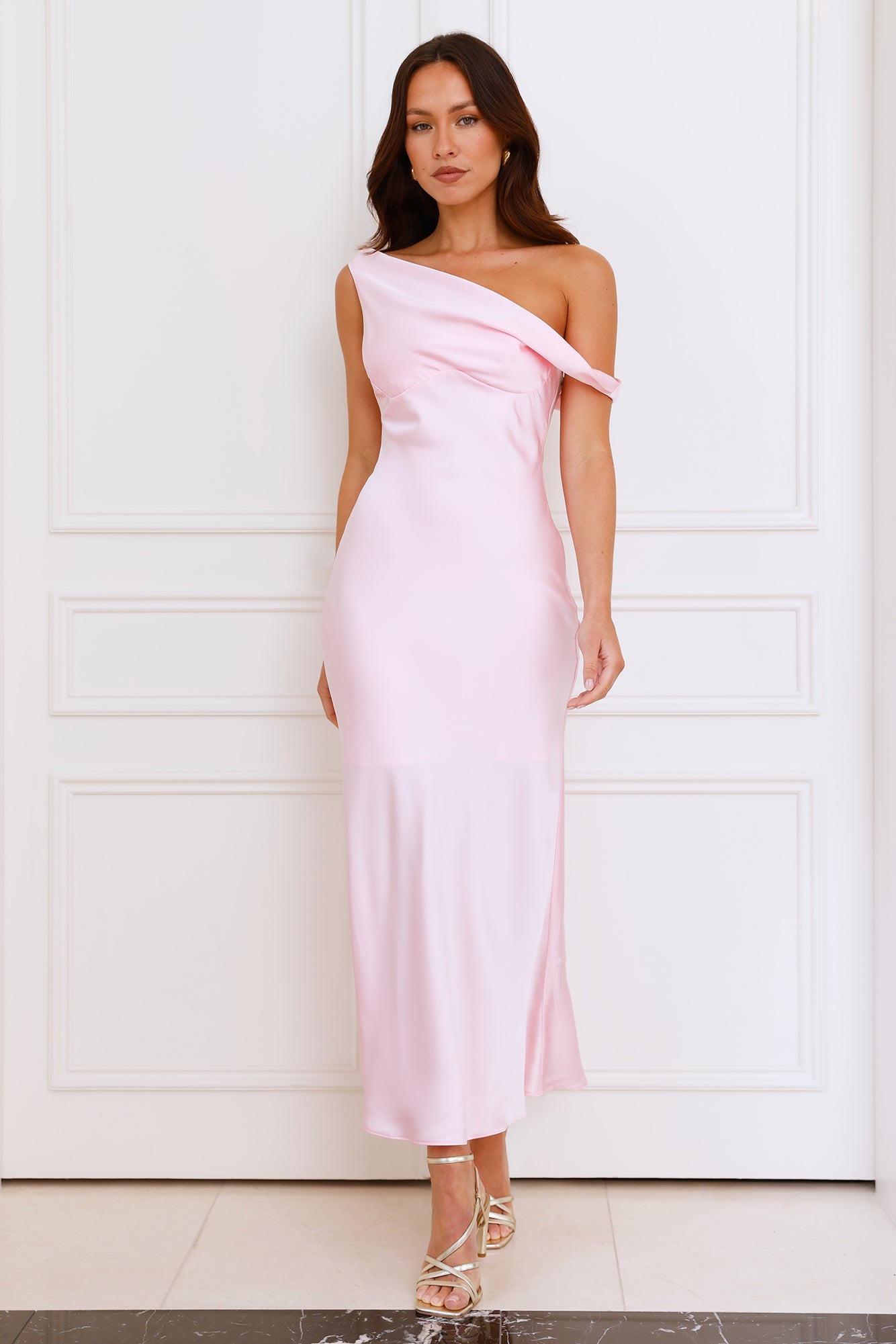Stylish Season Off Shoulder Satin Midi Dress Light Pink