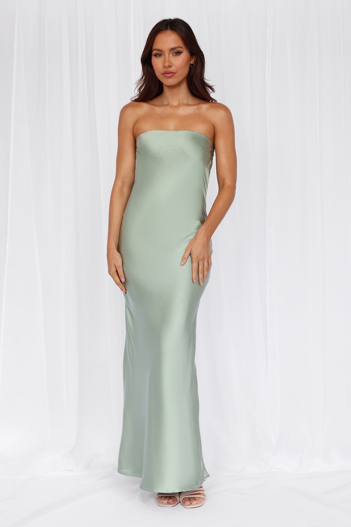 The Felicity Strapless Satin Maxi Dress Sage