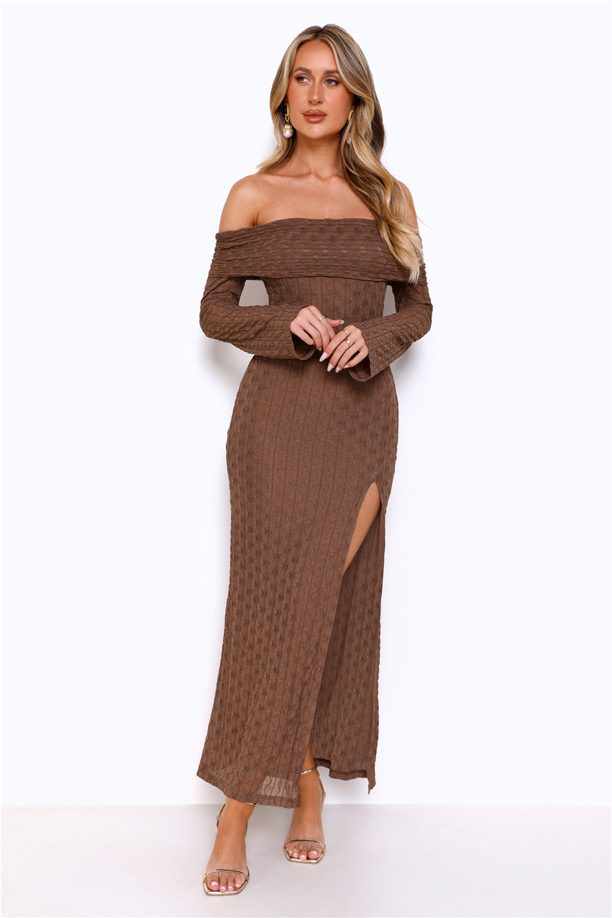Rich Thoughts Off Shoulder Maxi Dress Chocolate