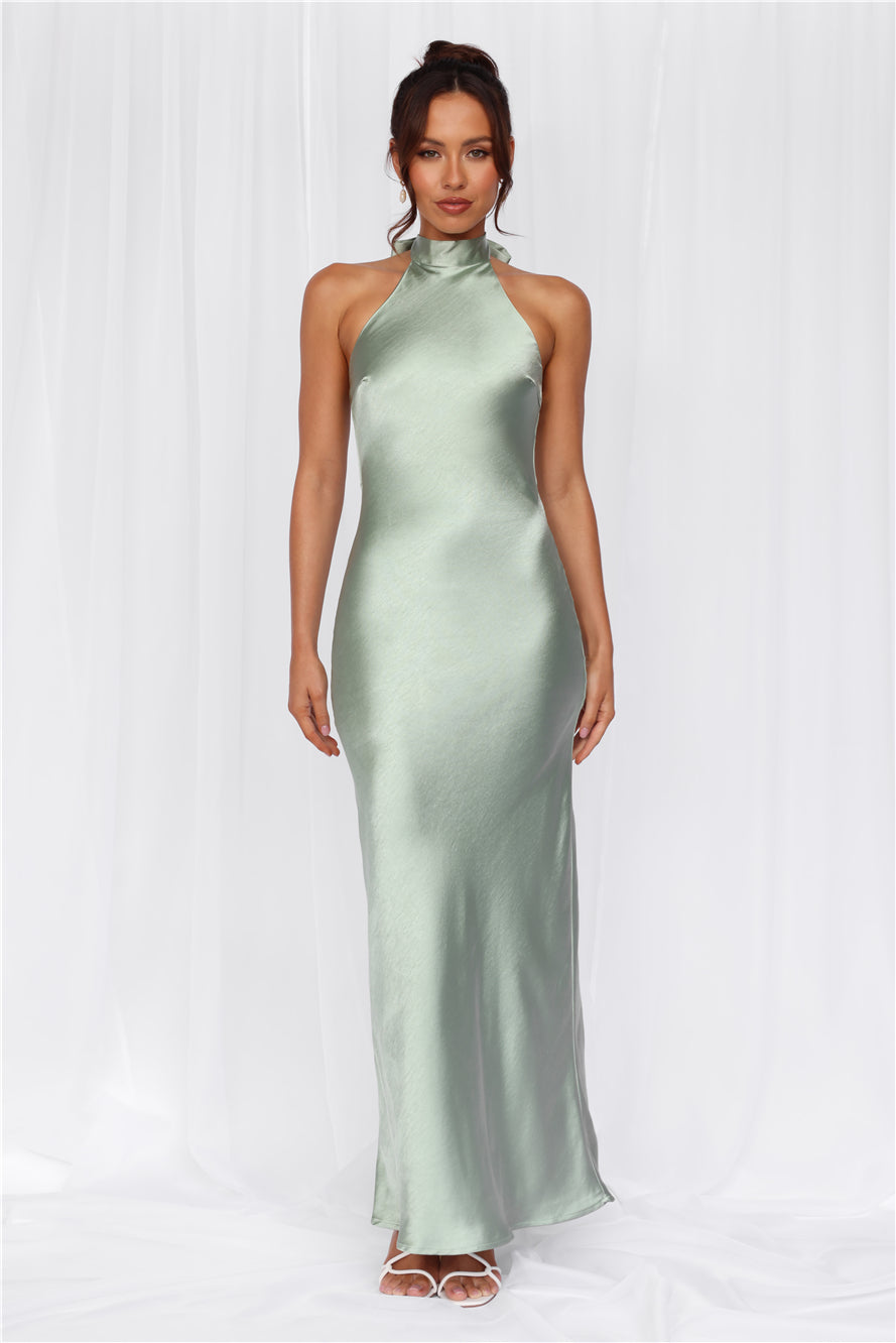 The Cleo Halter Satin Maxi Dress Sage