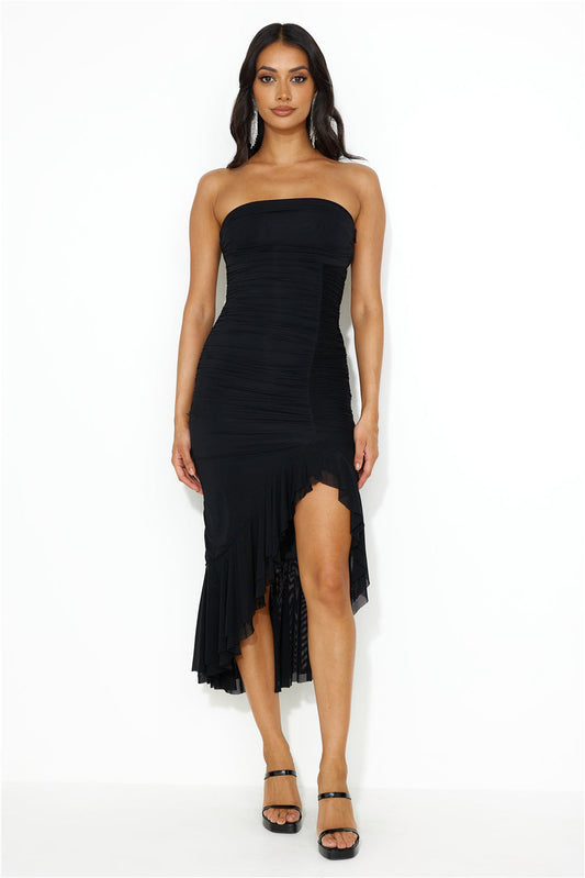 She's Adored Strapless Mesh Midi Dress Black