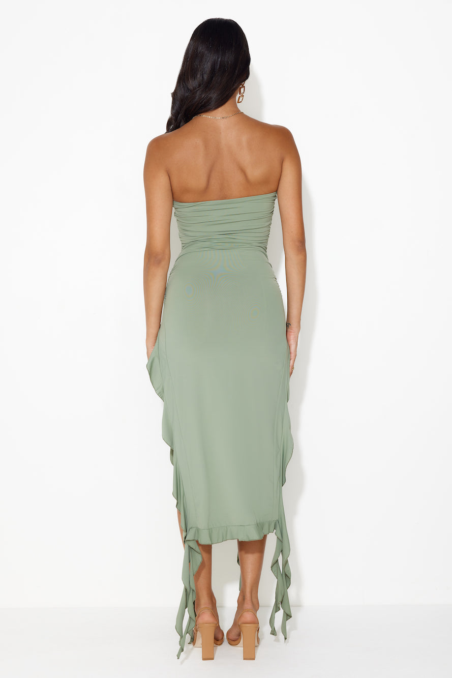 HELLO MOLLY All The Frills Strapless Midi Dress Khaki