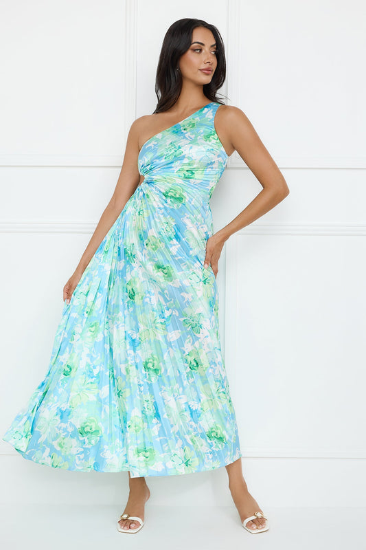 Emerald Ice One Shoulder Satin Pleated Maxi Dress Blue