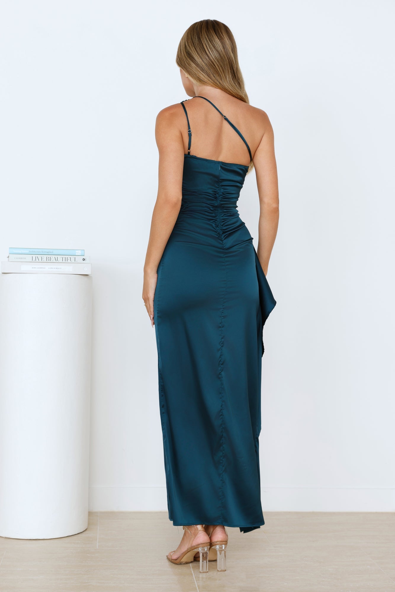 Sparkle Diaries One Shoulder Satin Maxi Dress Green