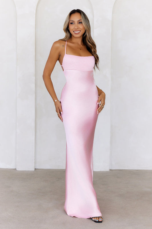 Welcome Fashionista Satin Maxi Dress Pink