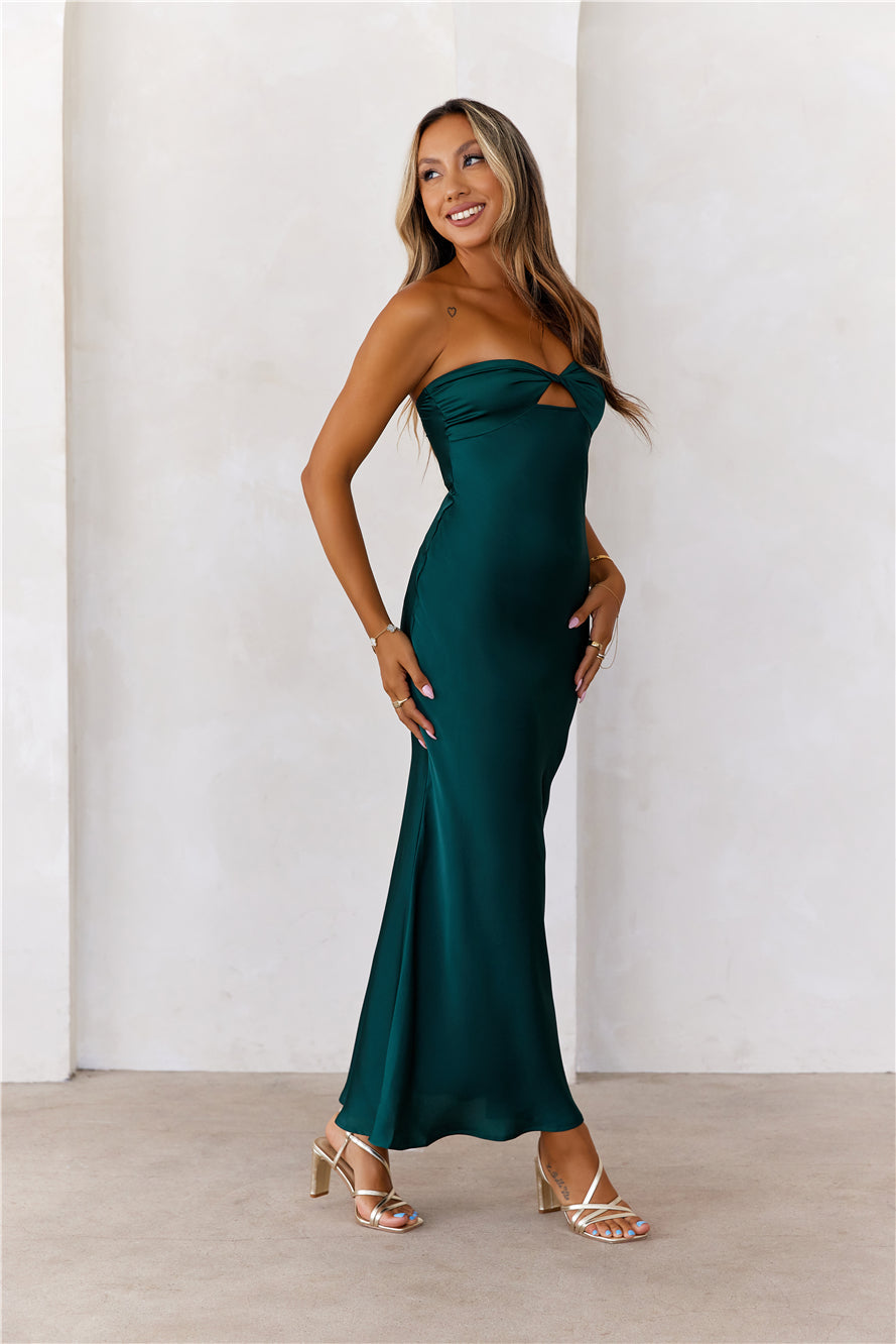 Style At Nightfall Satin Strapless Midi Dress Green