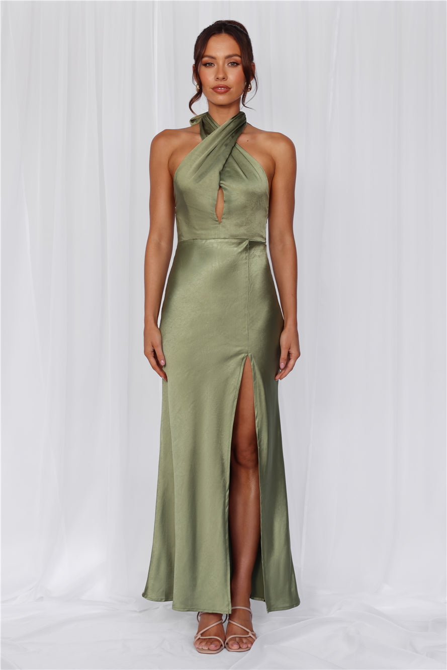 The Adeline Halter Satin Maxi Dress Olive