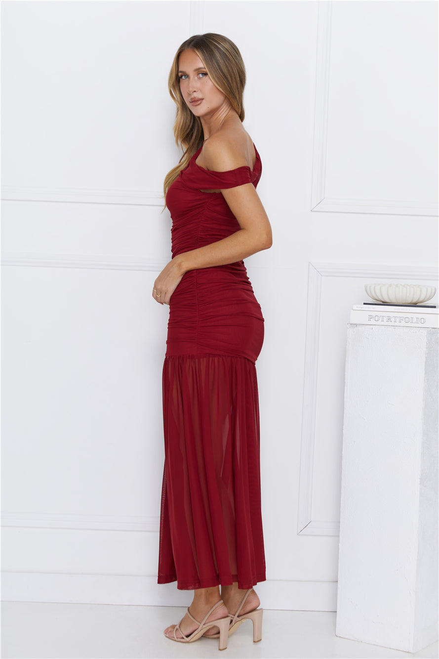 Stylish Diva Mesh Off Shoulder Midi Dress Burgundy