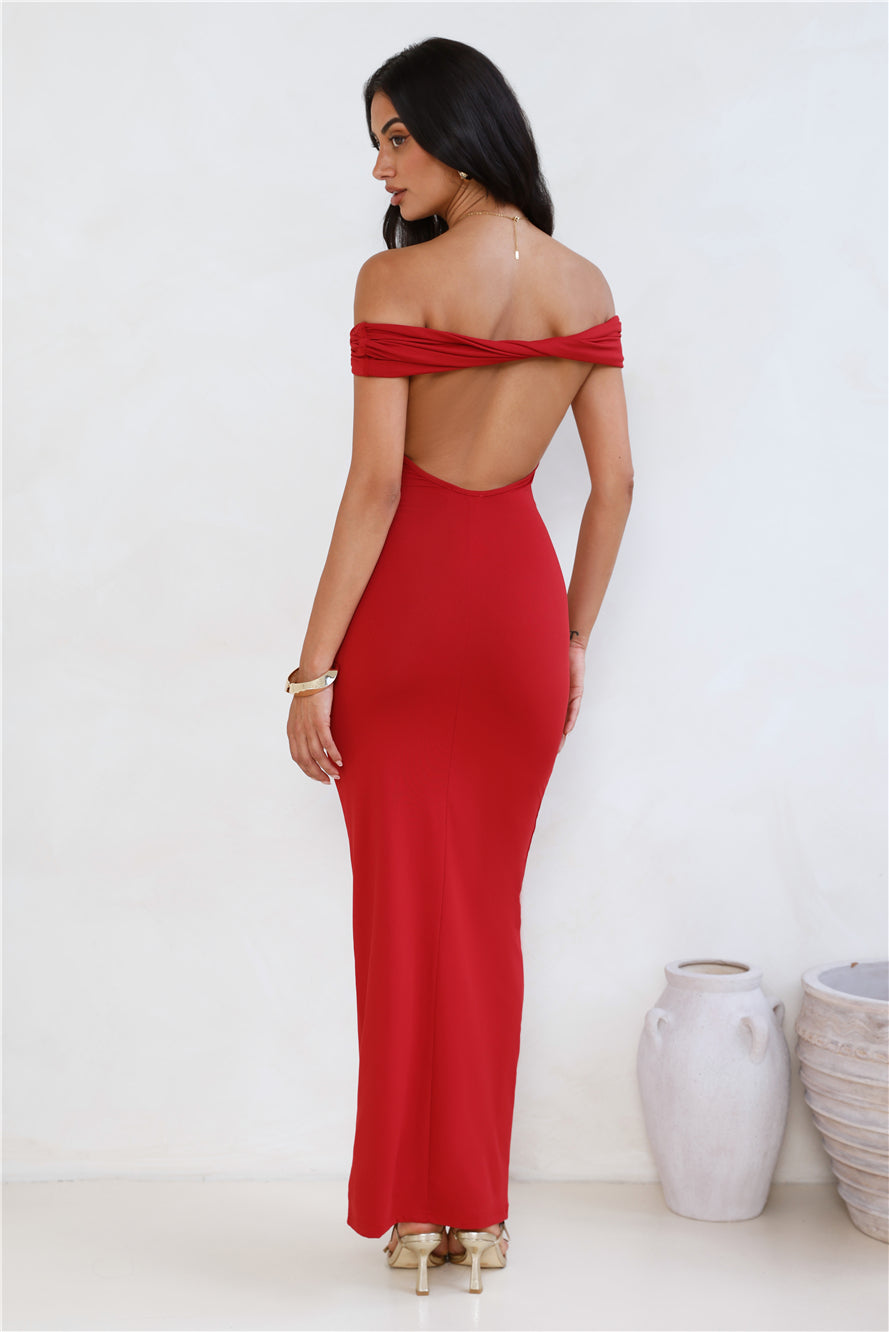 Soft Whispers Off Shoulder Maxi Dress Red