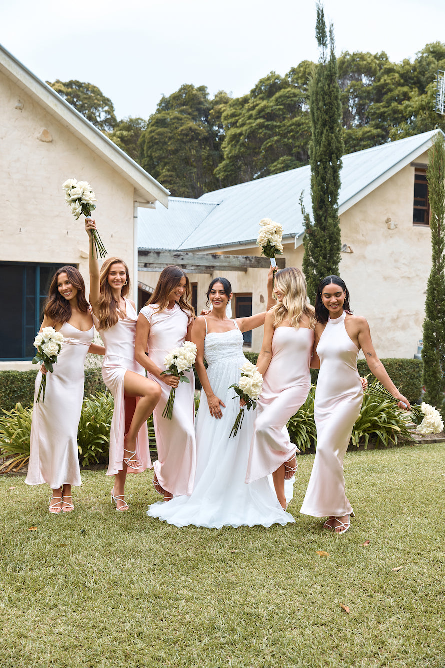 The Felicity Strapless Satin Maxi Dress Pink