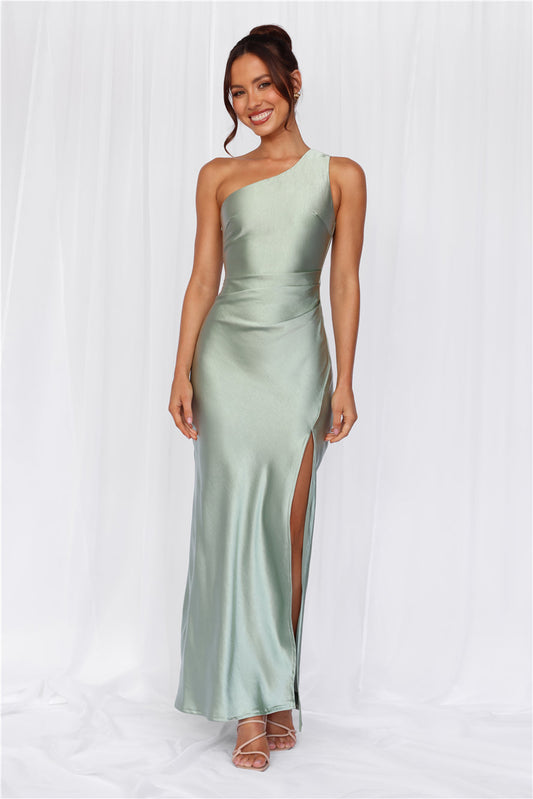 HELLO MOLLY The Aurora One Shoulder Satin Maxi Dress Sage
