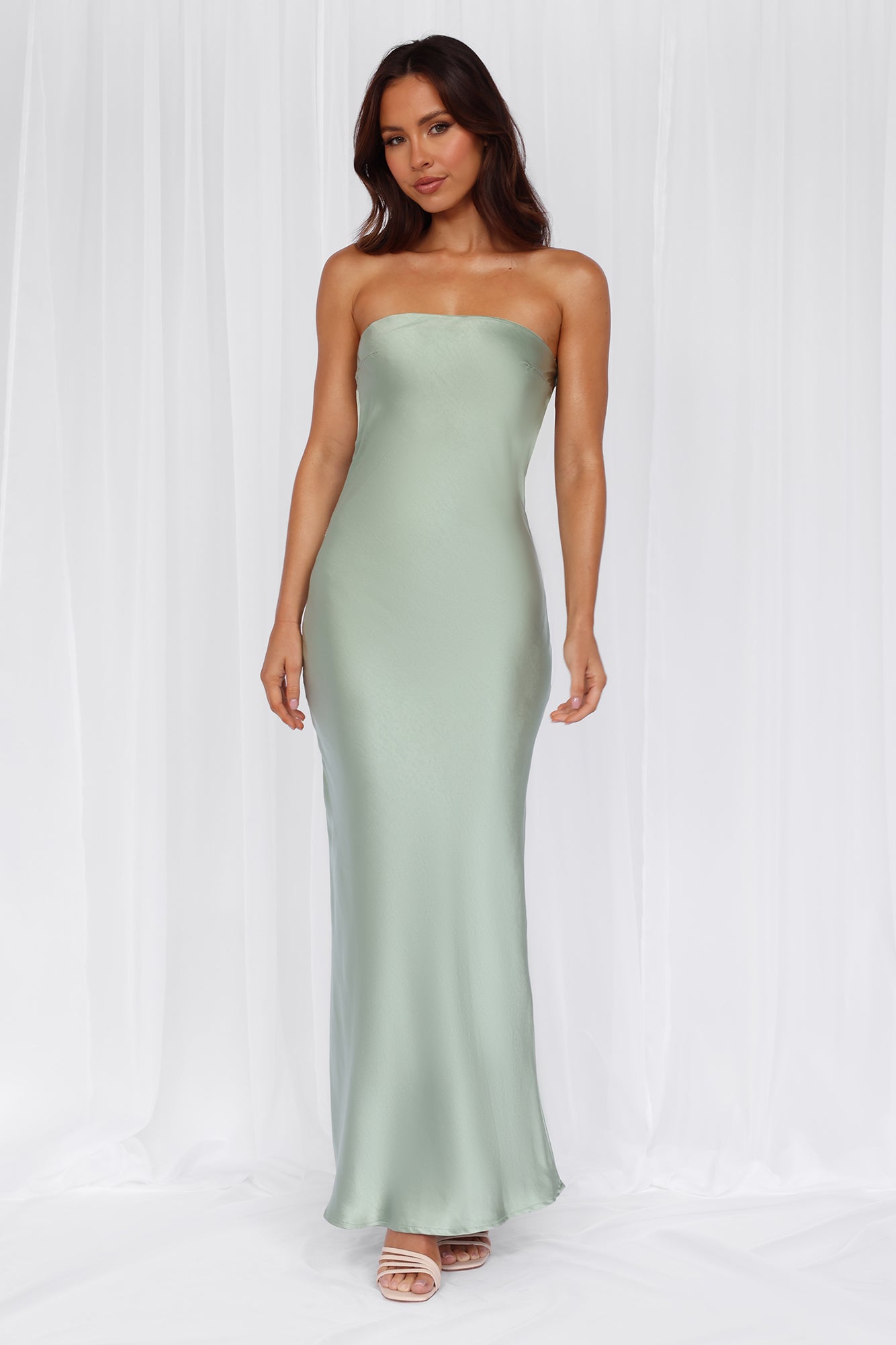 The Felicity Strapless Satin Maxi Dress Sage