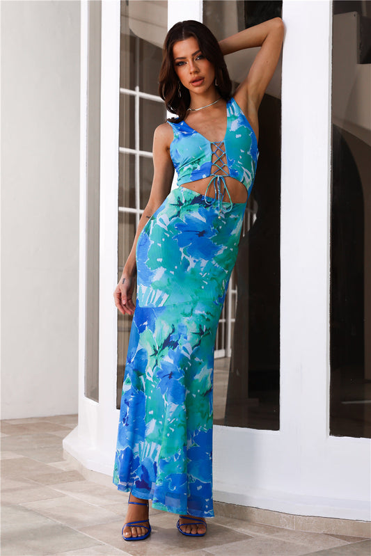 Refreshing Splash Mesh Maxi Dress Blue