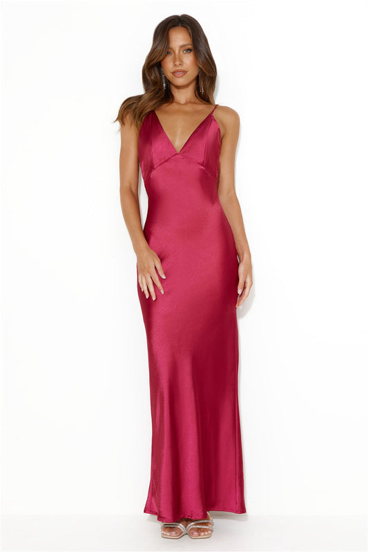 HELLO MOLLY Nights Under Stars Satin Maxi Dress Berry