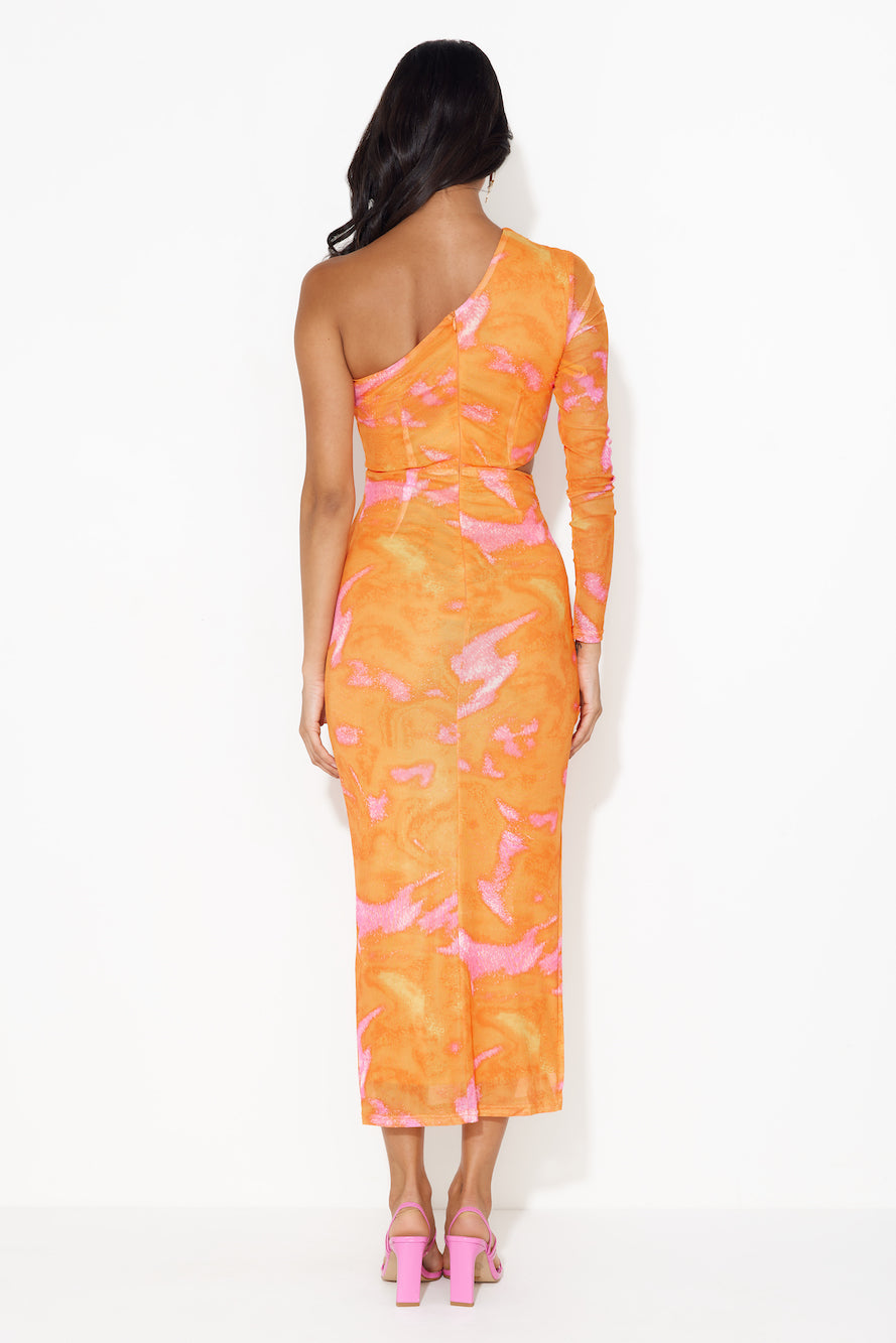 Relationship Bond One Shoulder Mesh Midi Dress Orange