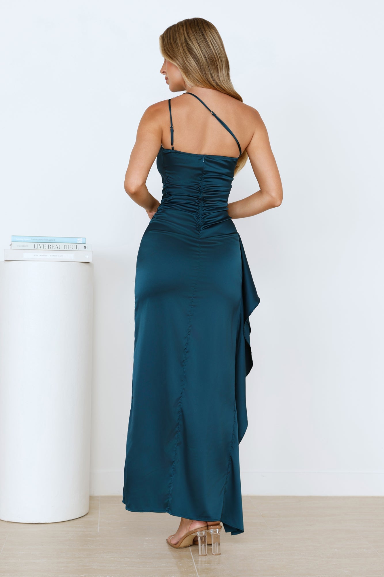 Sparkle Diaries One Shoulder Satin Maxi Dress Green