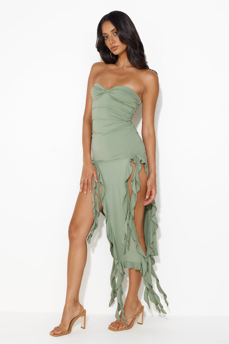HELLO MOLLY All The Frills Strapless Midi Dress Khaki