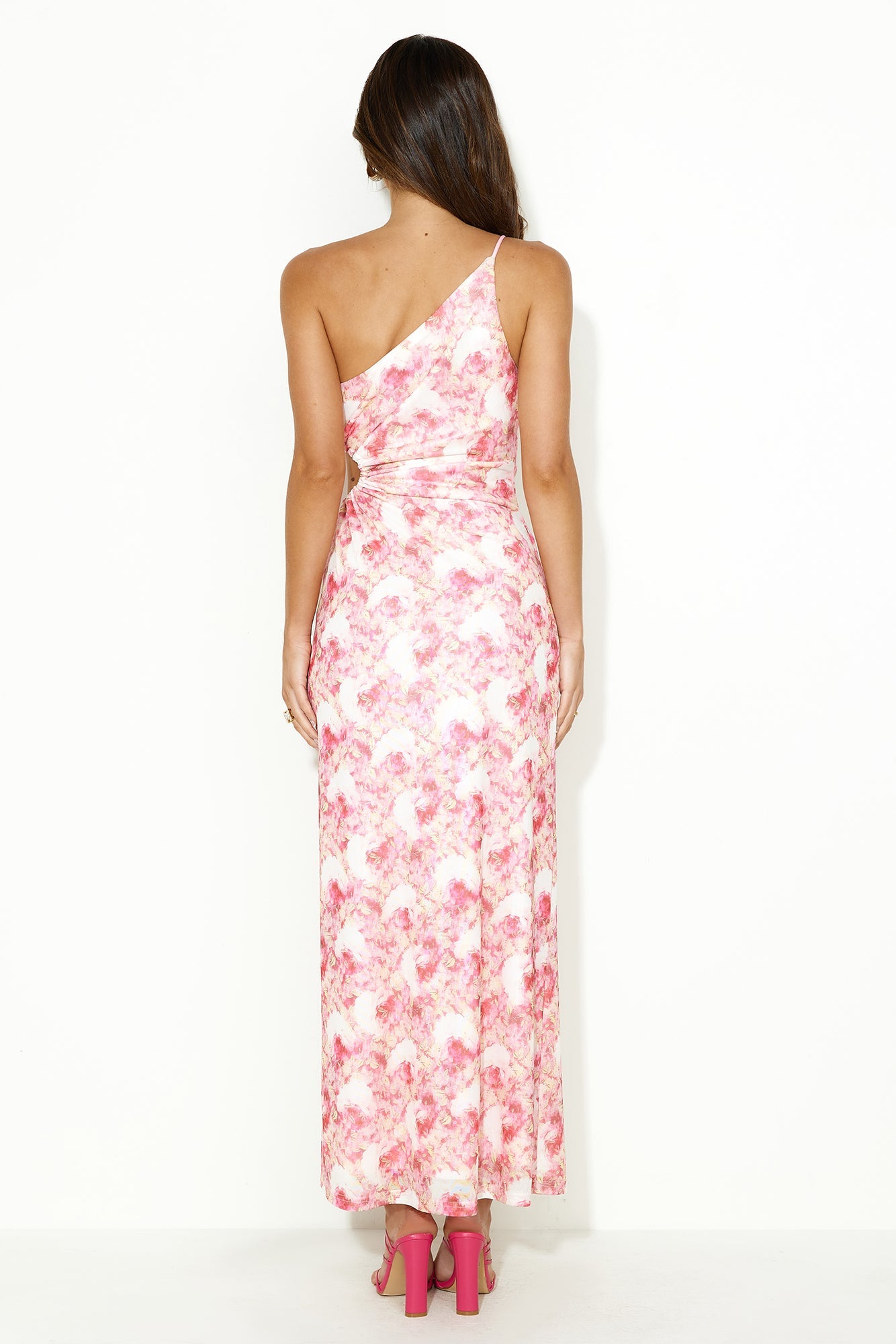 Sneak Up Mesh One Shoulder Maxi Dress Pink