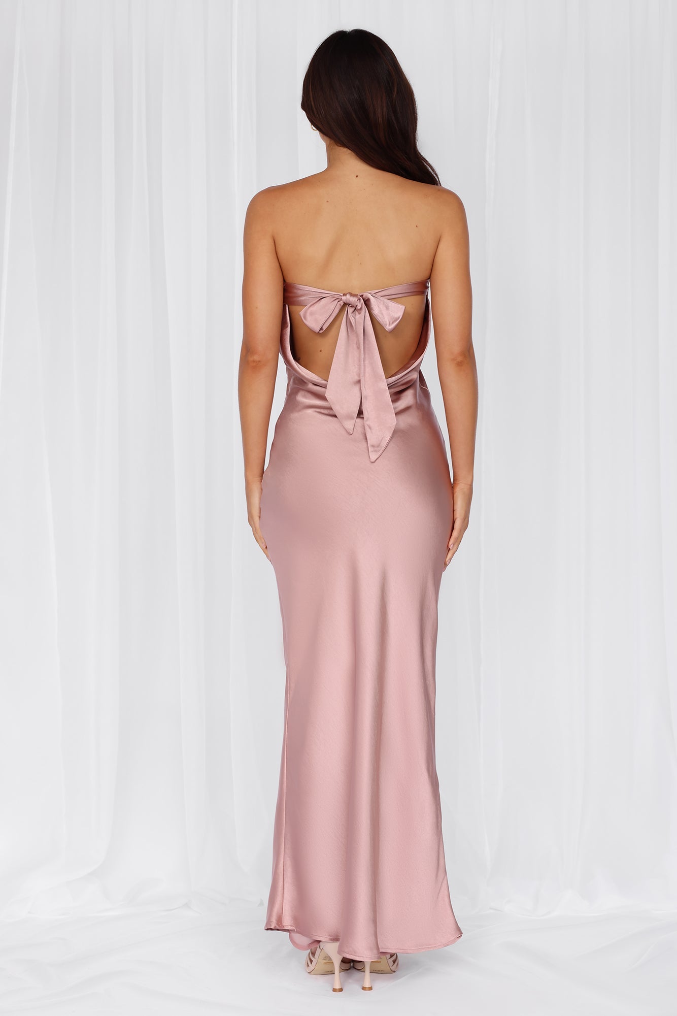 The Felicity Strapless Satin Maxi Dress Dusty Pink