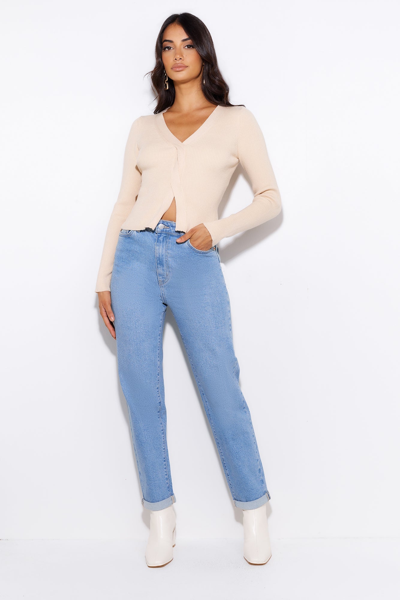 Take Off Ribbed Top Beige