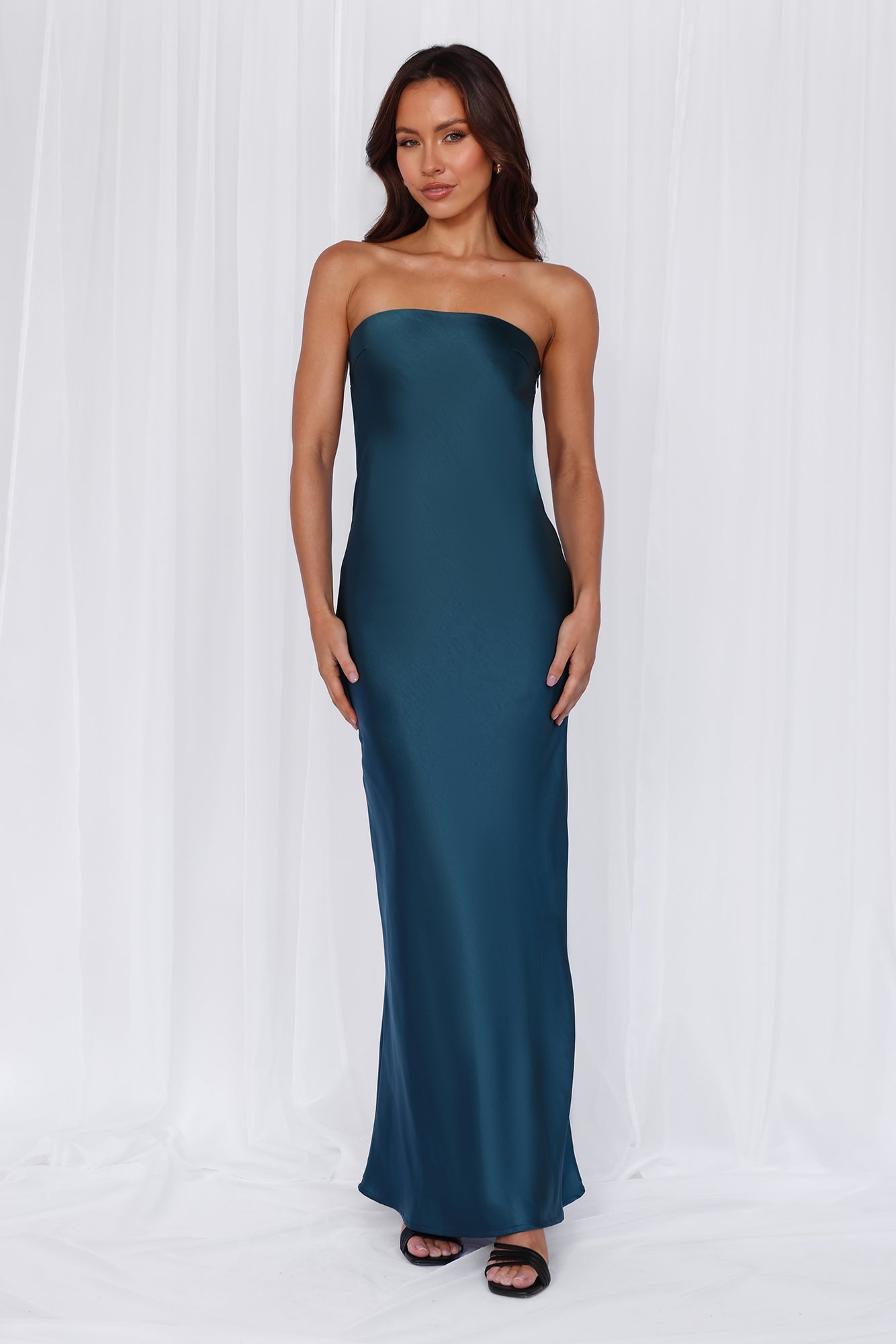 The Felicity Strapless Satin Maxi Dress Teal
