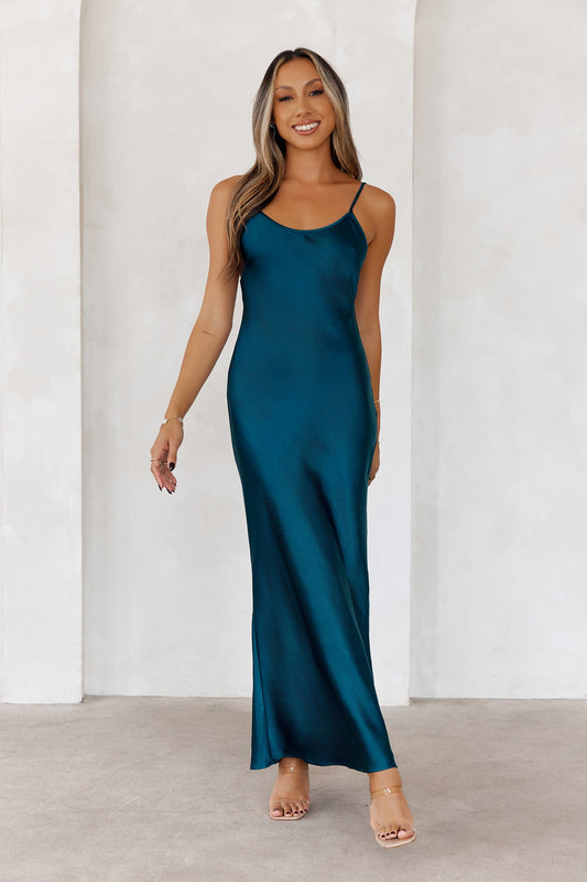Alluring Nights Satin Slip Maxi Dress Green
